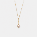 14K gold-filled pink pearl paperclip chain necklace with a Y-shaped front drop design.