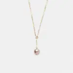14K gold-filled pink pearl paperclip chain necklace with a Y-shaped front drop design.