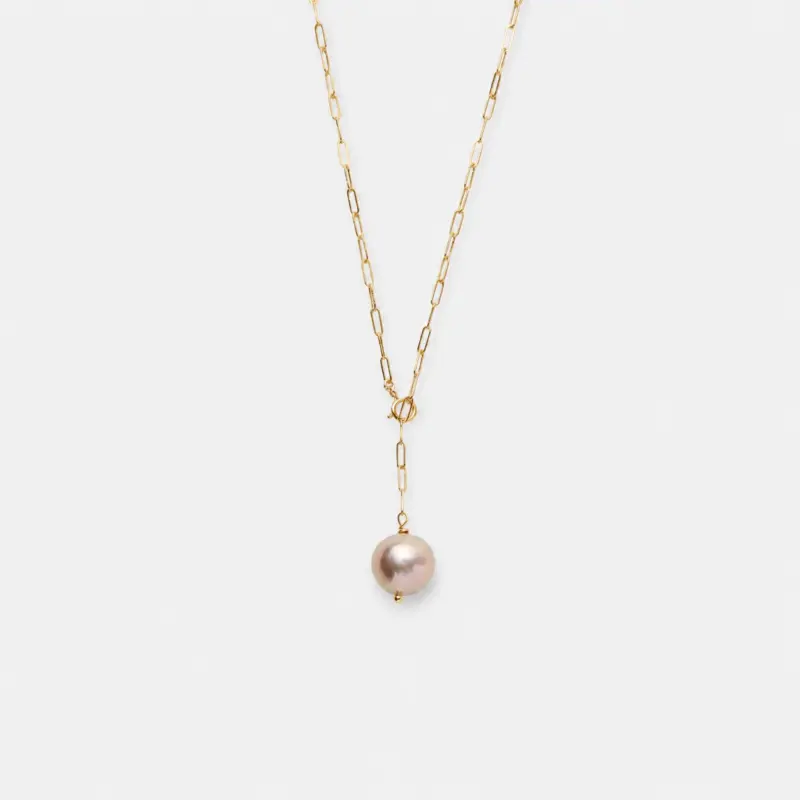 14K gold-filled pink pearl paperclip chain necklace with a Y-shaped front drop design.