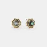 A pair of two-tone 18K gold plated sterling silver stud earrings featuring round iridescent natural abalone shell centerpieces framed by sculptural silver starburst rays on a clean white background.