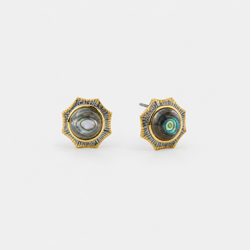 A pair of two-tone 18K gold plated sterling silver stud earrings featuring round iridescent natural abalone shell centerpieces framed by sculptural silver starburst rays on a clean white background.