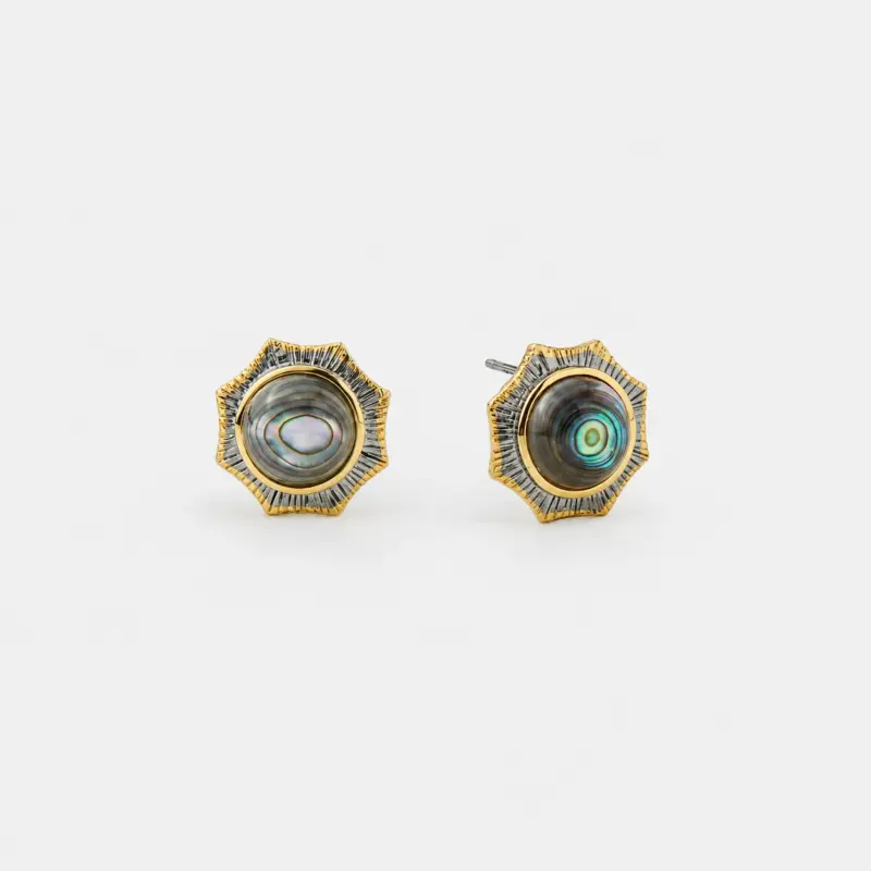 A pair of two-tone 18K gold plated sterling silver stud earrings featuring round iridescent natural abalone shell centerpieces framed by sculptural silver starburst rays on a clean white background.