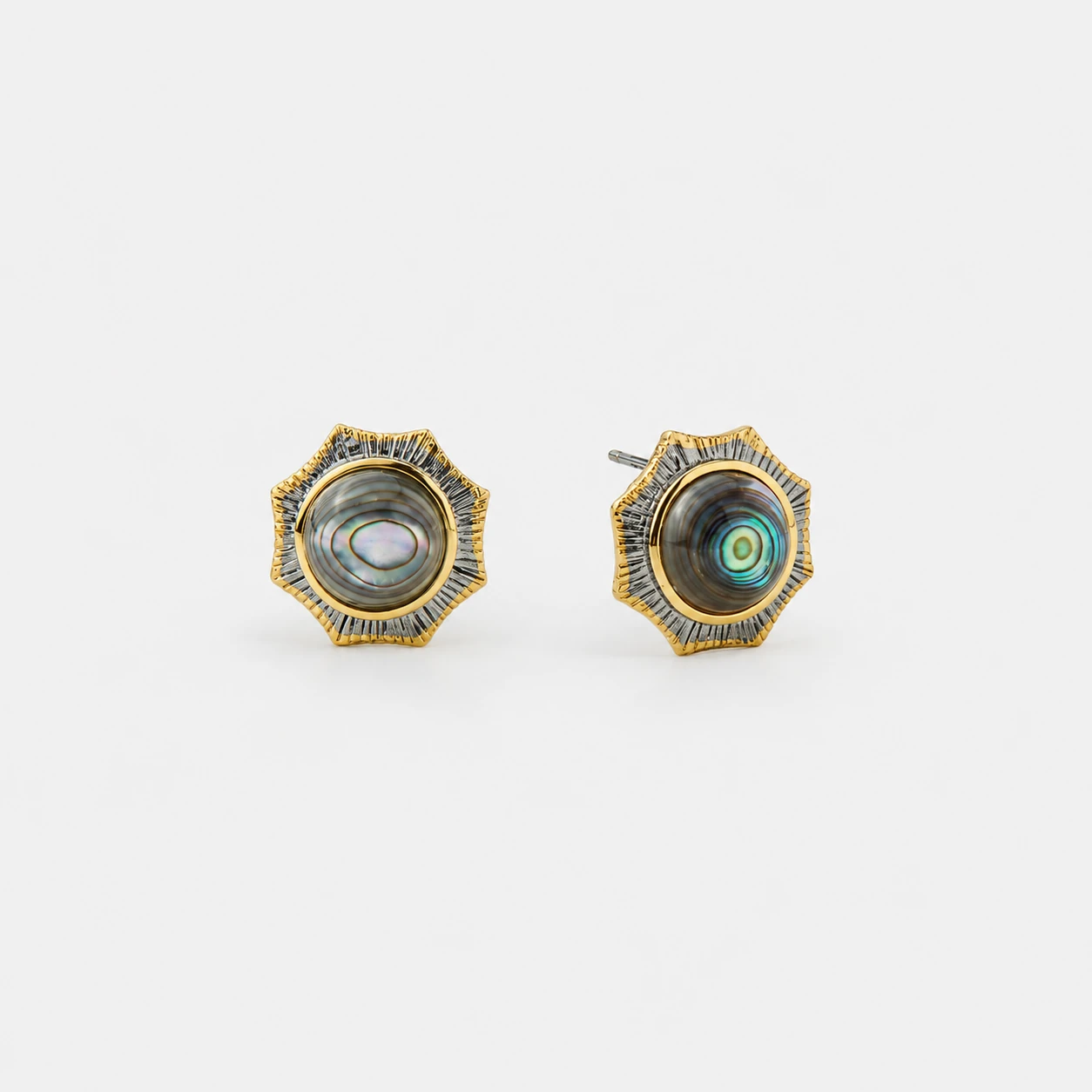 18K-Gold-Plated-Sterling-Silver-Natural-Abalone-Shell-Stud-Earrings-Starburst-Silhouette A pair of two-tone 18K gold plated sterling silver stud earrings featuring round iridescent natural abalone shell centerpieces framed by sculptural silver starburst rays on a clean white background.
