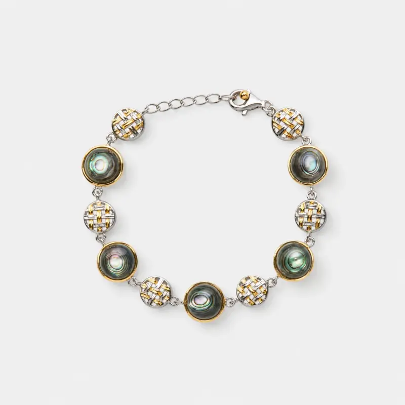 18K gold plated sterling silver abalone shell link bracelet with round ocean-toned inlays and woven silver-gold textured discs.