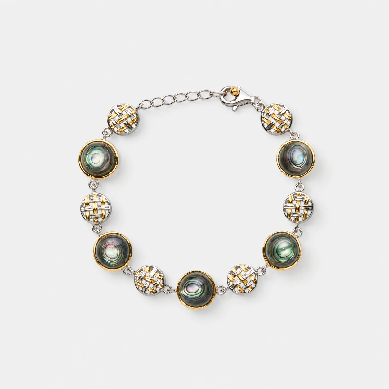 18k-gold-plated-abalone-shell-link-bracelet-woven-texture-round-shapes. 18K gold plated sterling silver abalone shell link bracelet with round ocean-toned inlays and woven silver-gold textured discs.