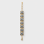8K gold plated sterling silver black agate and white mother-of-pearl link bracelet featuring an architectural square checkerboard design.