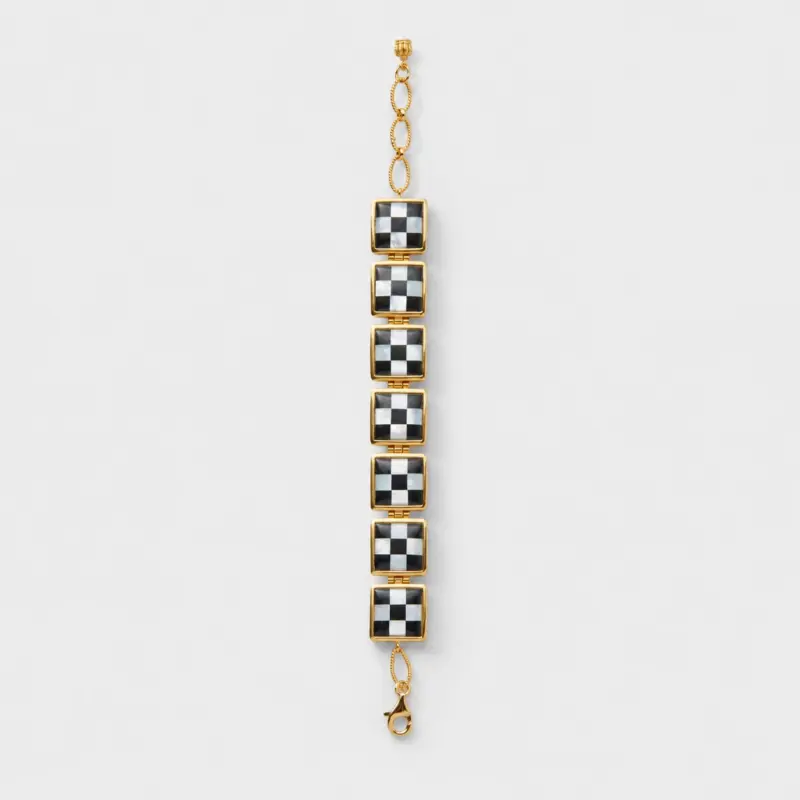 18K gold plated sterling silver black agate and white mother-of-pearl link bracelet featuring an architectural square checkerboard design.