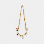 18K gold-plated copper shell and agate charms necklace with a layered toggle chain style.