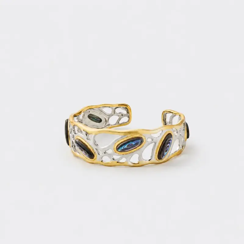 18K gold plated sterling silver abalone shell cuff bracelet in a sculptural organic statement silhouette