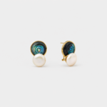18K gold plated sterling silver abalone shell and pearl stud earrings featuring a minimalist circular stacked geometric shape.