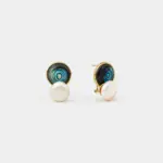 18K gold plated sterling silver abalone shell and pearl stud earrings featuring a minimalist circular stacked geometric shape.