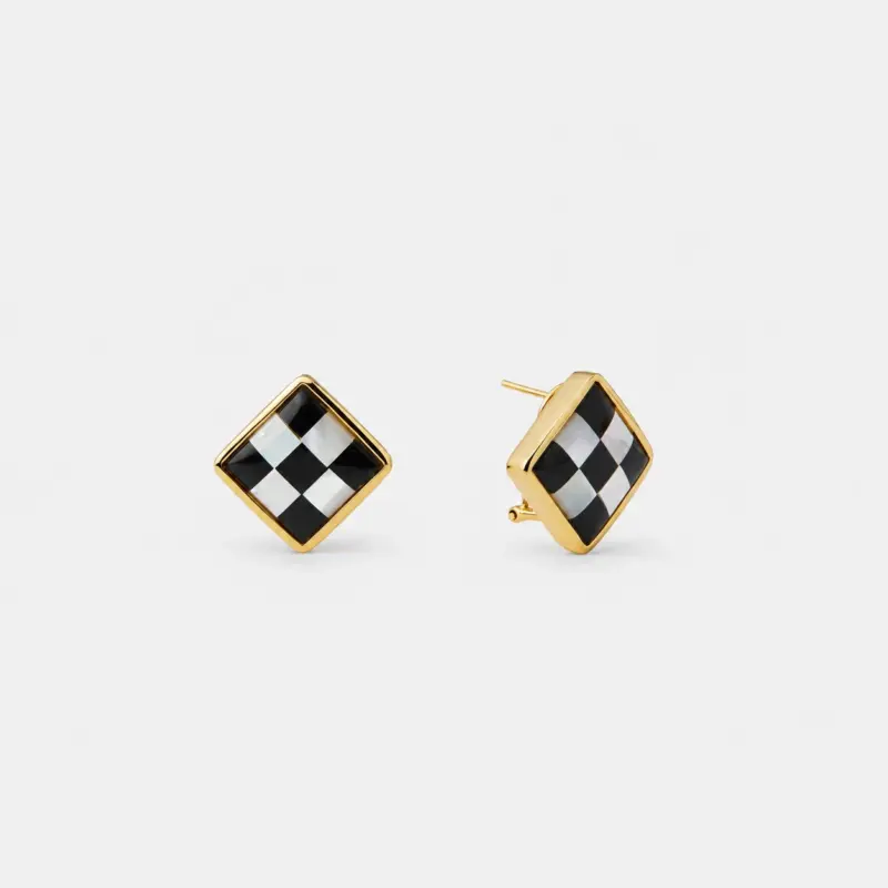 18K gold plated sterling silver black agate and mother of pearl stud earrings in a geometric checkerboard square shape.