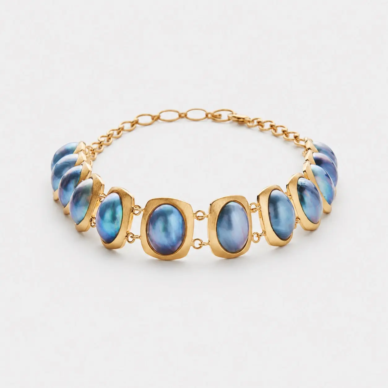 18k-gold-plated-sterling-silver-blue-mabe-pearl-necklace-rhythmic-oval-collar 18K gold plated sterling silver blue mabe pearl necklace in a rhythmic oval collar layout