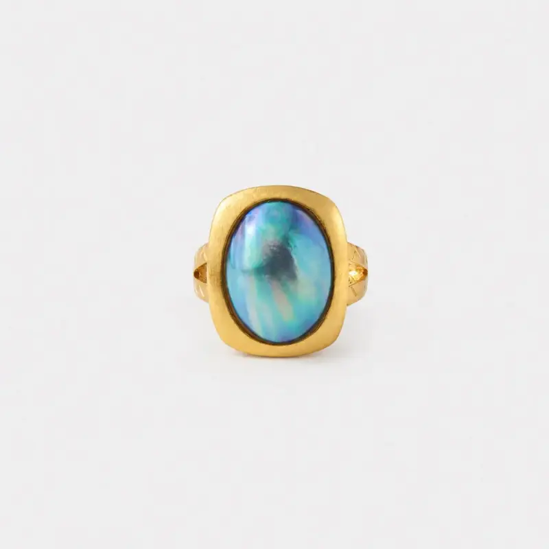 18K gold plated sterling silver blue mabe pearl ring in a bold rounded statement frame silhouette
