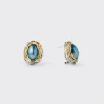18K gold plated sterling silver blue mabe pearl stud earrings in a sculpted dimensional oval frame