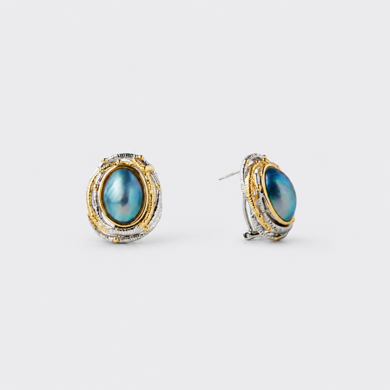 18K gold plated sterling silver blue mabe pearl stud earrings in a sculpted dimensional oval frame