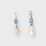 18K gold plated sterling silver blue topaz and baroque pearl drop earrings in an elongated shell-inspired silhouette