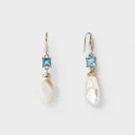 18K gold plated sterling silver blue topaz and baroque pearl drop earrings in an elongated shell-inspired silhouette