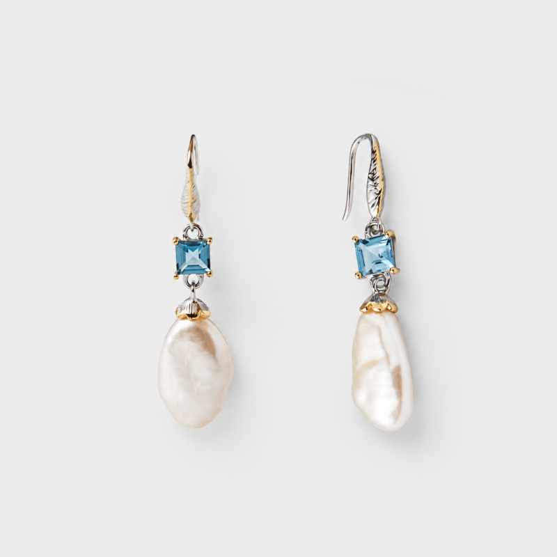 18K gold plated sterling silver blue topaz and baroque pearl drop earrings in an elongated shell-inspired silhouette
