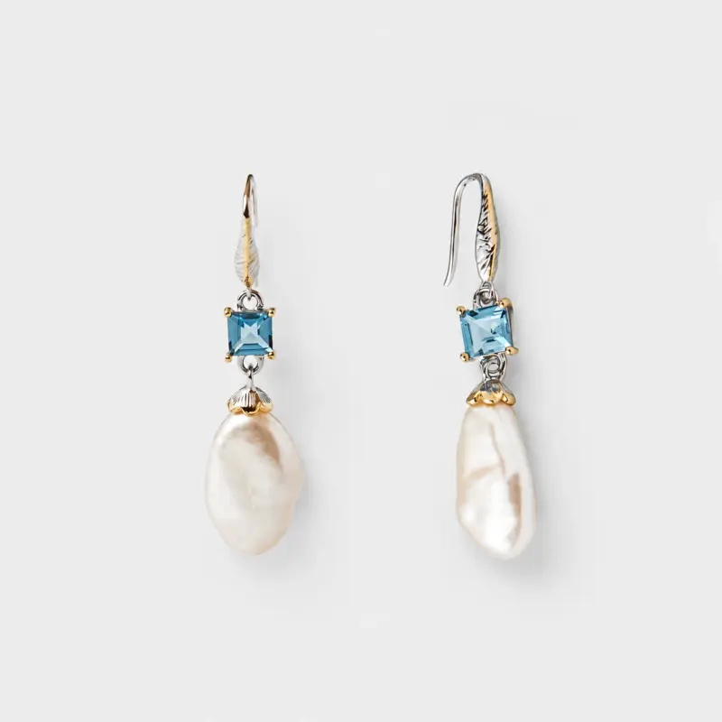 18K gold plated sterling silver blue topaz and baroque pearl drop earrings in an elongated shell-inspired silhouette