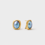 18K gold plated sterling silver mabe pearl stud earrings with a rounded square frame and iridescent blue-green, ocean blue, and subtle violet tones under varied light