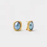 18K gold plated sterling silver mabe pearl stud earrings with a rounded square frame and iridescent blue-green, ocean blue, and subtle violet tones under varied light