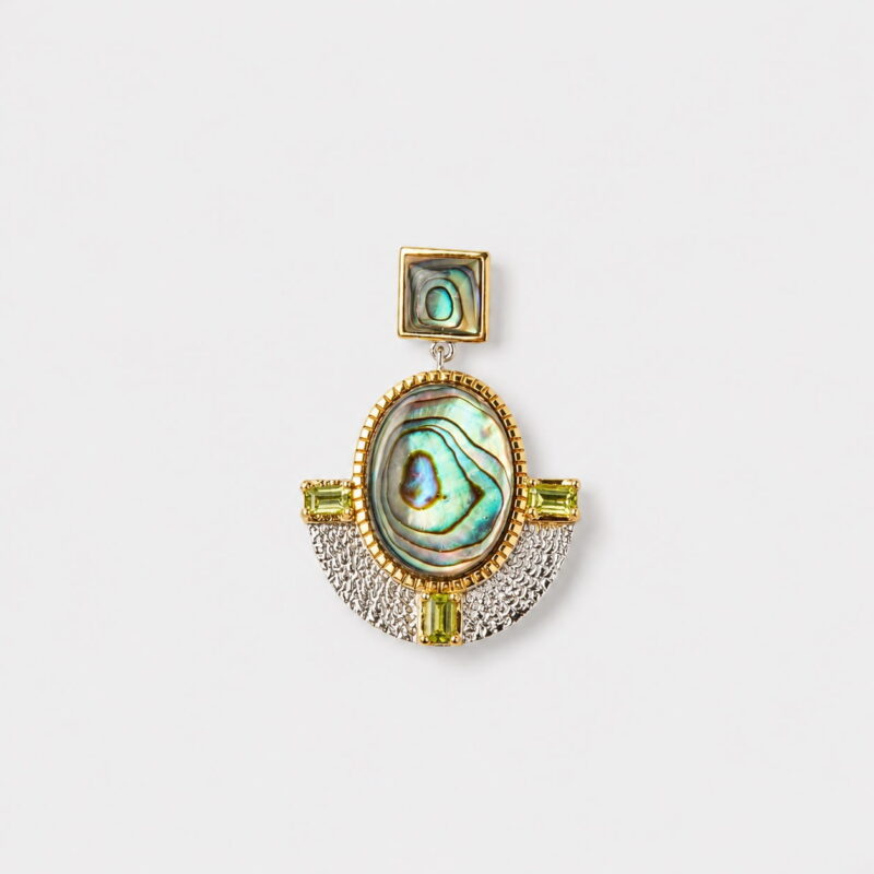 18K gold plated sterling silver natural abalone shell pendant in a geometric hollow shield frame