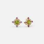 18K gold plated sterling silver peridot and amethyst stud earrings in a balanced square floral shape