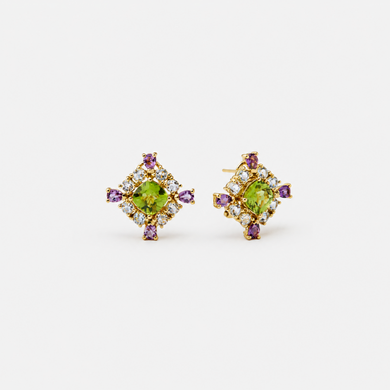 18K gold plated sterling silver peridot and amethyst stud earrings in a balanced square floral shape