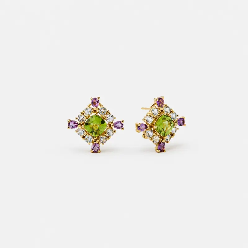 18K gold plated sterling silver peridot and amethyst stud earrings in a balanced square floral shape