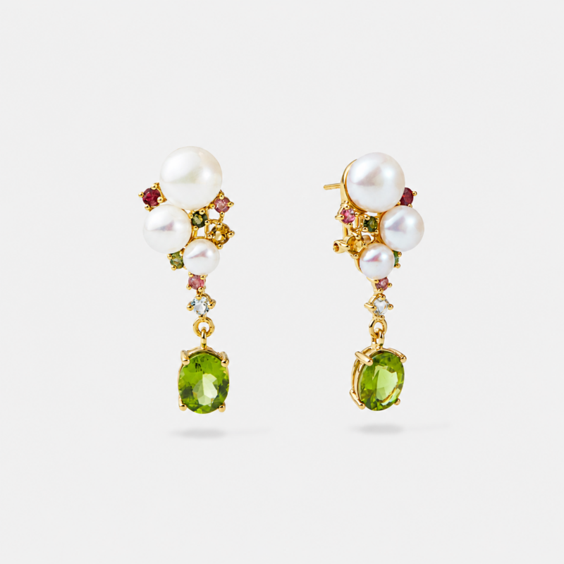 18K gold plated sterling silver peridot pearl drop earrings in a joyful blooming cluster silhouette