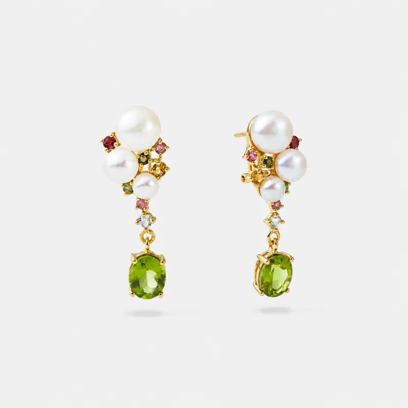 18K gold plated sterling silver peridot pearl drop earrings in a joyful blooming cluster silhouette