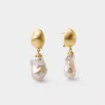 18K gold plated sterling silver pink baroque pearl drop earrings featuring a sculptural textured stud top and an organic irregular silhouette