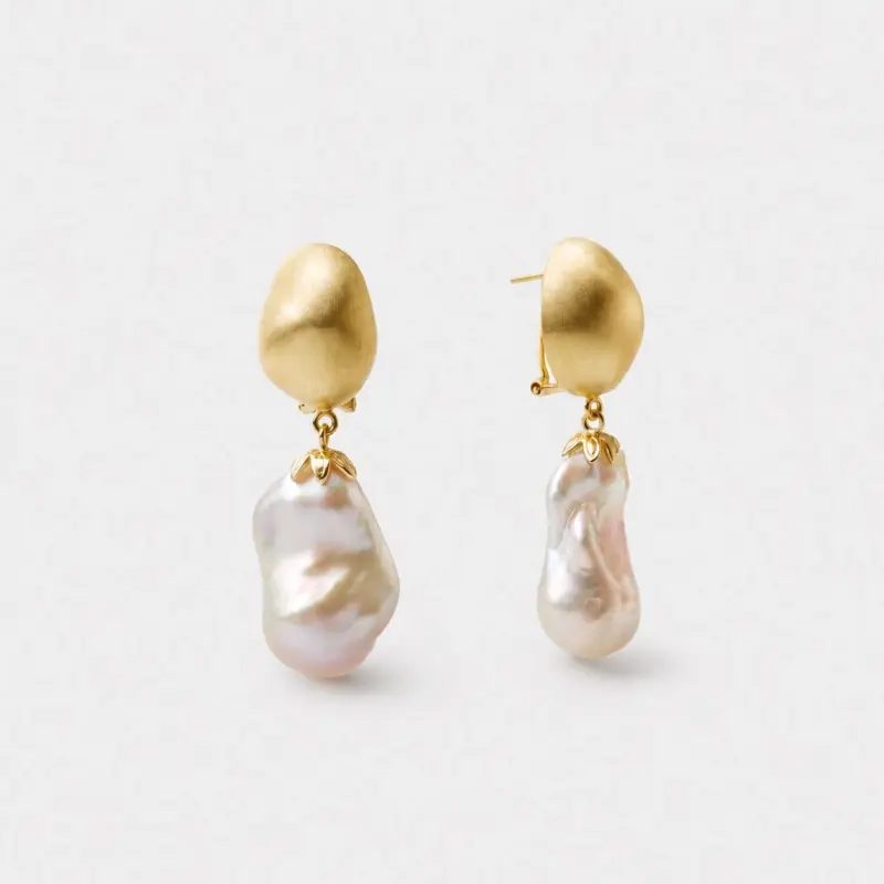 18K gold plated sterling silver pink baroque pearl drop earrings featuring a sculptural textured stud top and an organic irregular silhouette