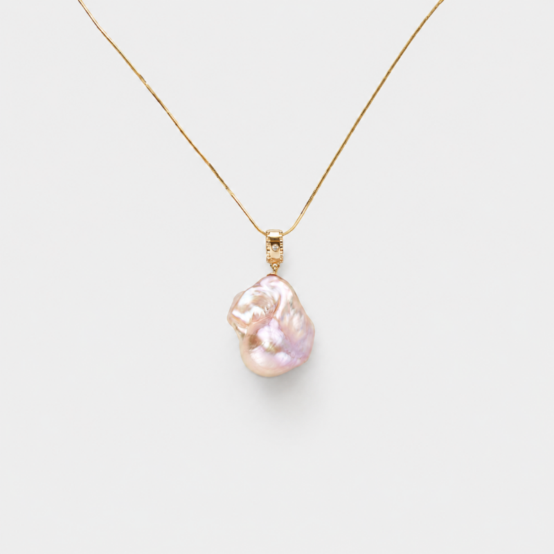 18K gold plated sterling silver pink baroque pearl necklace in a minimalist organic drop design