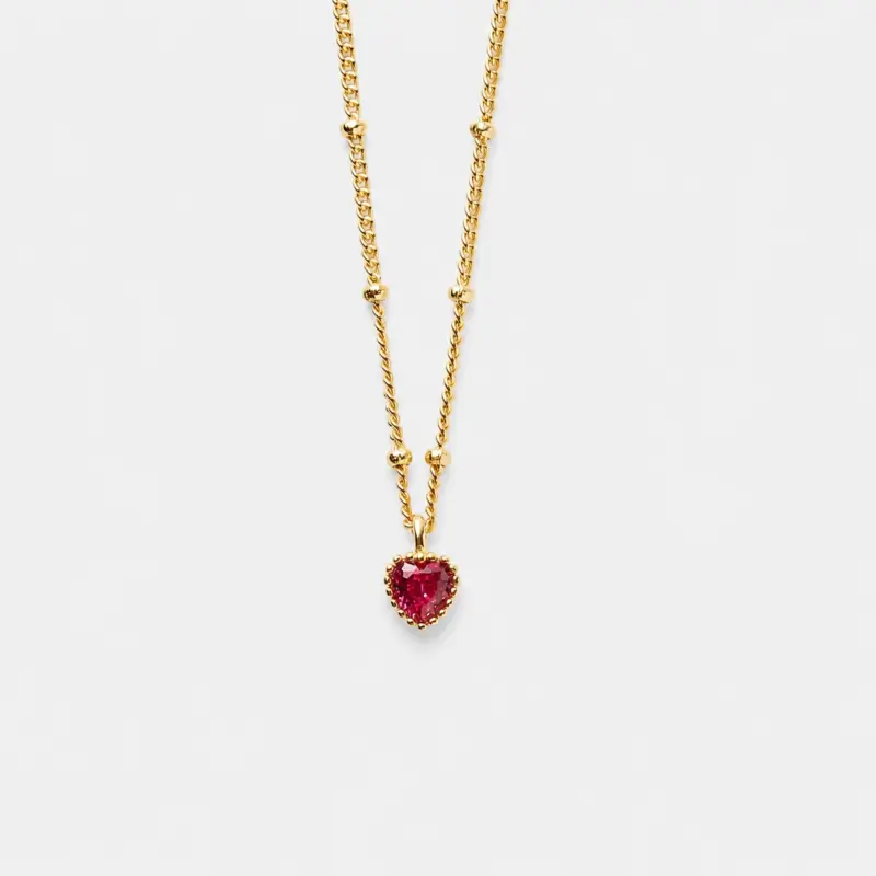 18K gold plated sterling silver red cubic zirconia necklace in a romantic heart-shaped design.