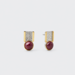 18K gold plated sterling silver ruby stud earrings featuring a geometric rectangular frame and round cabochon.