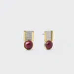 18K gold plated sterling silver ruby stud earrings featuring a geometric rectangular frame and round cabochon.