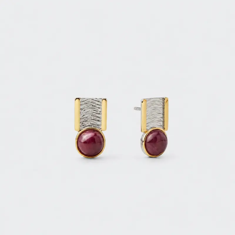 18K gold plated sterling silver ruby stud earrings featuring a geometric rectangular frame and round cabochon.