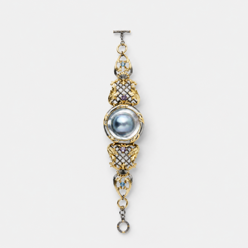 18K gold plated sterling silver sun shell, amethyst, and topaz bracelet in an elongated ornamental diamond link structure