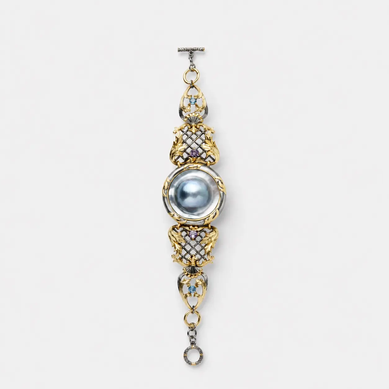 18k-gold-plated-sterling-silver-sun-shell-amethyst-topaz-bracelet-elongated-ornamental-diamond 18K gold plated sterling silver sun shell, amethyst, and topaz bracelet in an elongated ornamental diamond link structure