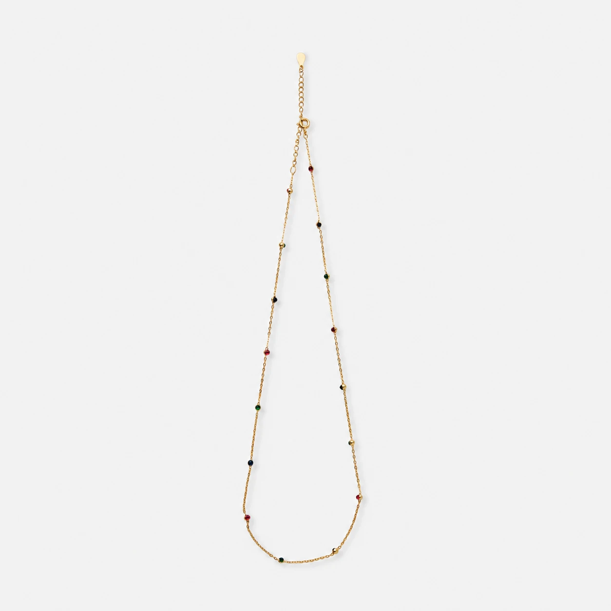 18k-gold-plated-sterling-silver-tricolor-corundum-necklace-delicate-station-style 18K gold plated sterling silver tricolor corundum necklace in a delicate station style.