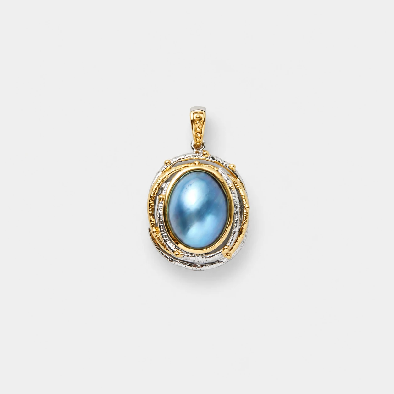 18k-gold-plated-sterling-silver-two-tone-blue-mabe-pearl-pendant-raised-oval 18K gold plated sterling silver two-tone blue mabe pearl pendant in a raised oval setting with a detailed bail