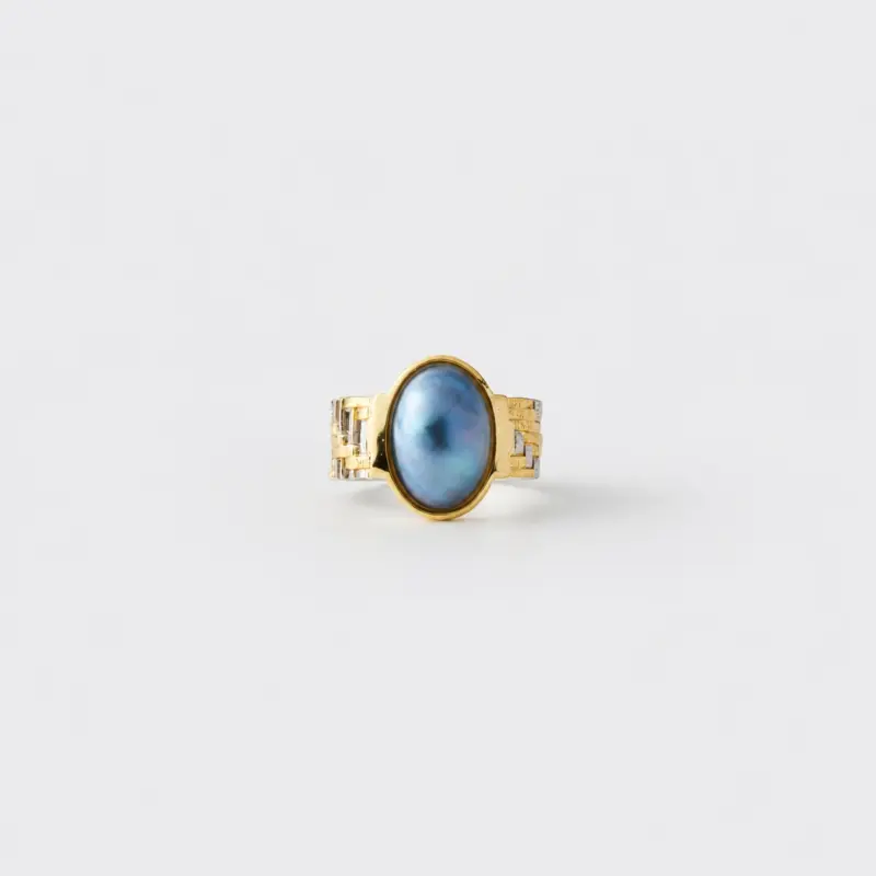 18K gold plated sterling silver two-tone textured blue mabe pearl ring in an architectural statement dome silhouette