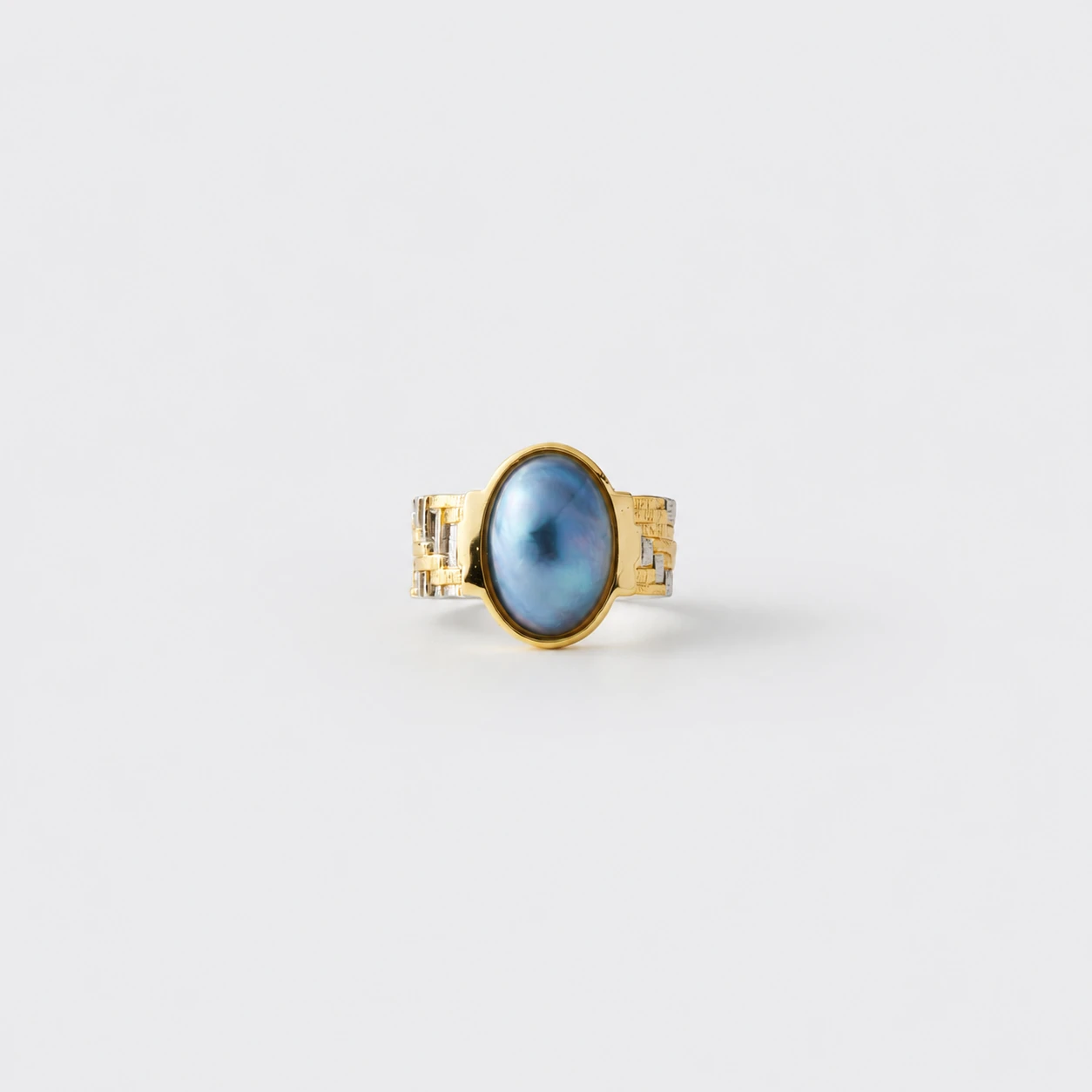 18k-gold-plated-sterling-silver-two-tone-textured-blue-mabe-pearl-ring 18K gold plated sterling silver two-tone textured blue mabe pearl ring in an architectural statement dome silhouette