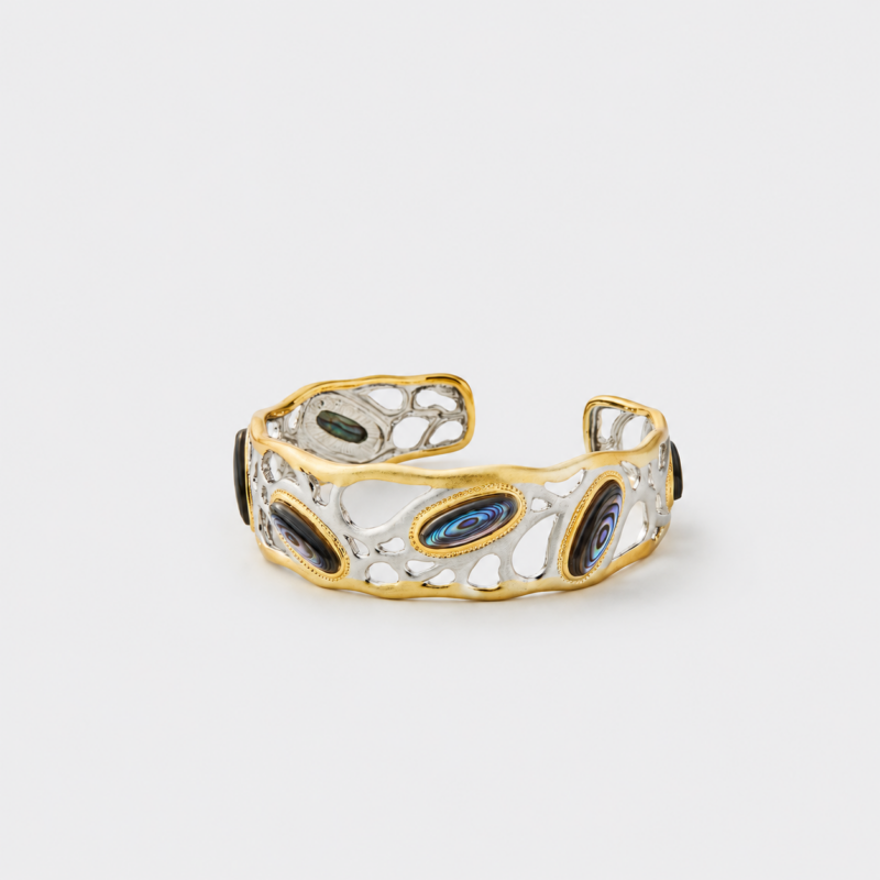 18K gold plated sterling silver abalone shell cuff bracelet in a sculptural organic statement silhouette