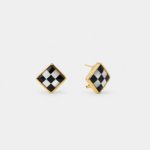 18K gold plated sterling silver black agate and mother of pearl stud earrings in a geometric checkerboard square shape.