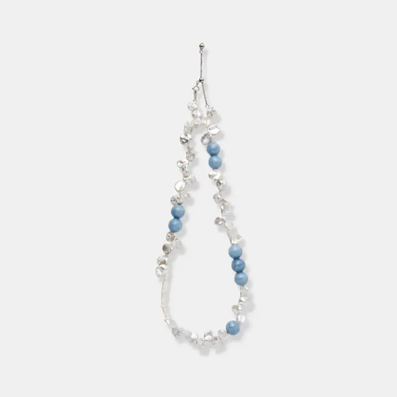 Handcrafted 925 sterling silver natural pale blue chalcedony and irregular petal baroque keshi pearl strand necklace in a cool ocean-inspired vacation aesthetic