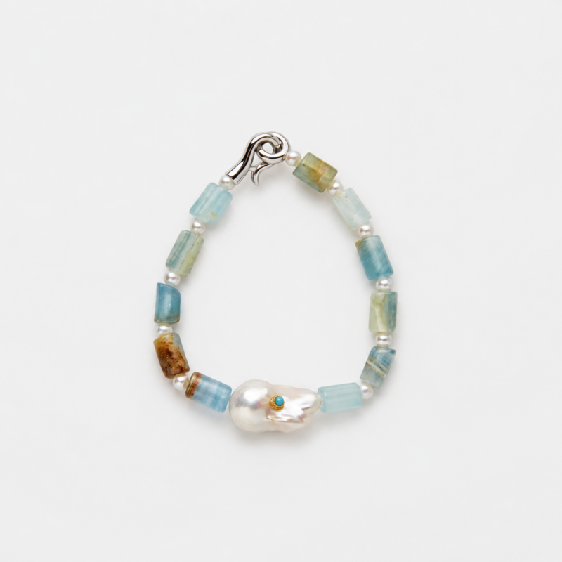 925 sterling silver Peruvian blue opal and baroque pearl beaded bracelet featuring an organic, natural boho design style.
