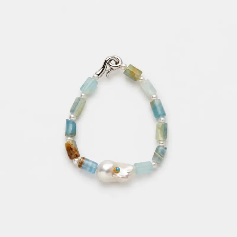 925 sterling silver Peruvian blue opal and baroque pearl beaded bracelet featuring an organic, natural boho design style.